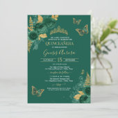 Invitation Emerald Green & Gold Floral Butterfly Quinceañera (Debout devant)