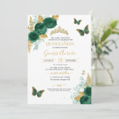 Invitation Emerald Green & Gold Floral Butterfly Quinceañera (Debout devant)