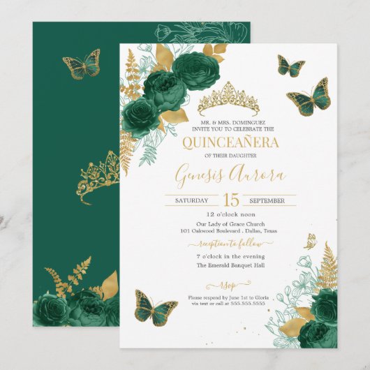 Invitation Emerald Green & Gold Floral Butterfly Quinceañera (Devant / Derrière)