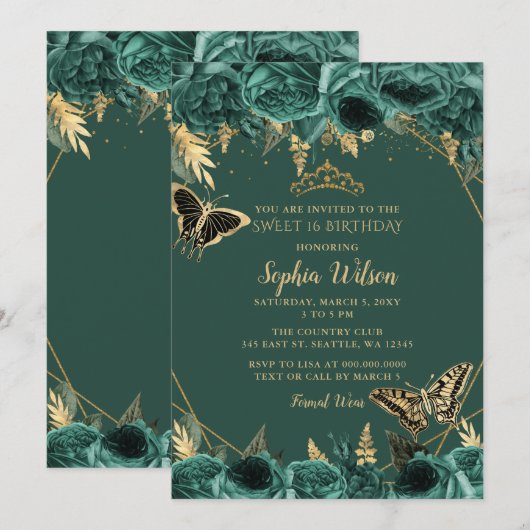 Invitation Emerald Green Gold Floral Butterfly Sweet 16 (Devant / Derrière)