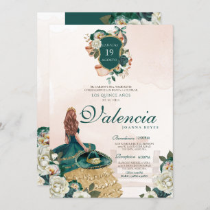 Invitation Emerald Green Gold Floral Crest Charra Quinceanera