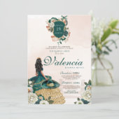 Invitation Emerald Green Gold Floral Crest Charro Quinceanera (Debout devant)