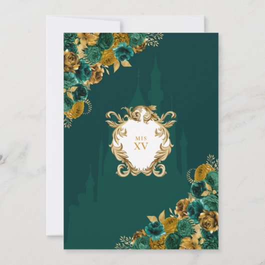 Invitation Emerald Green & Gold Floral Elegant Quinceañera (Dos)
