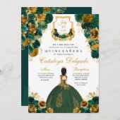 Invitation Emerald Green & Gold Floral Elegant Quinceañera (Devant / Derrière)