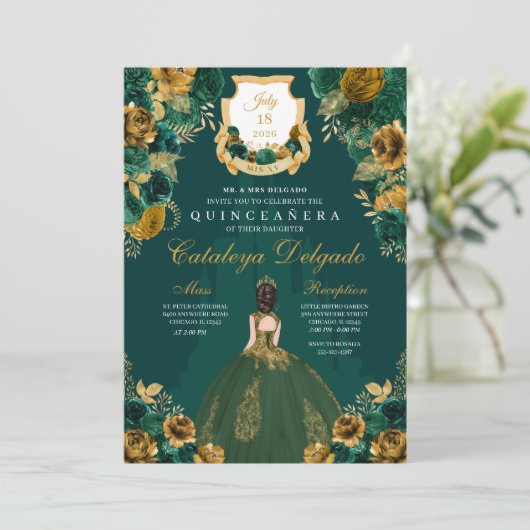 Invitation Emerald Green & Gold Floral Elegant Quinceañera (Debout devant)