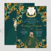 Invitation Emerald Green & Gold Floral Elegant Quinceañera (Devant / Derrière)