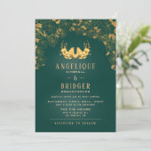Invitation Emerald Green Gold Floral Foliage Birds Mariage (Debout devant)