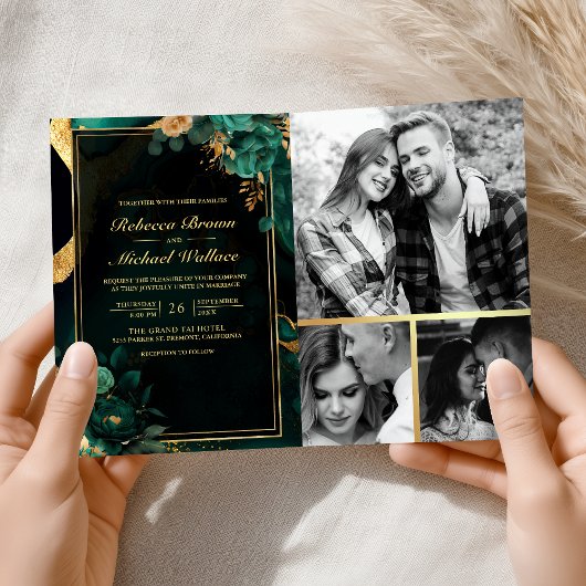 Invitation Emerald Green Gold Floral Marble QR Code Wedding