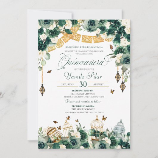 Invitation Emerald Green Gold Floral Papillons Quinceanera  (Devant)