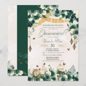 Invitation Emerald Green Gold Floral Papillons Quinceanera (Devant / Derrière)