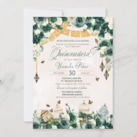 Emerald Green Gold Floral Papillons Quinceanera