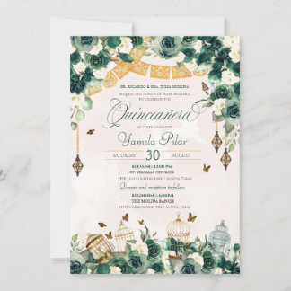 Invitation Emerald Green Gold Floral Papillons Quinceanera