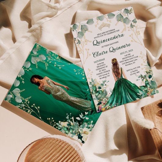 Invitation Emerald Green Gold Floral Photo Quinceanera