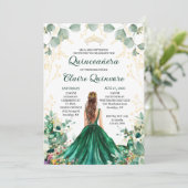 Invitation Emerald Green Gold Floral Photo Quinceanera (Debout devant)