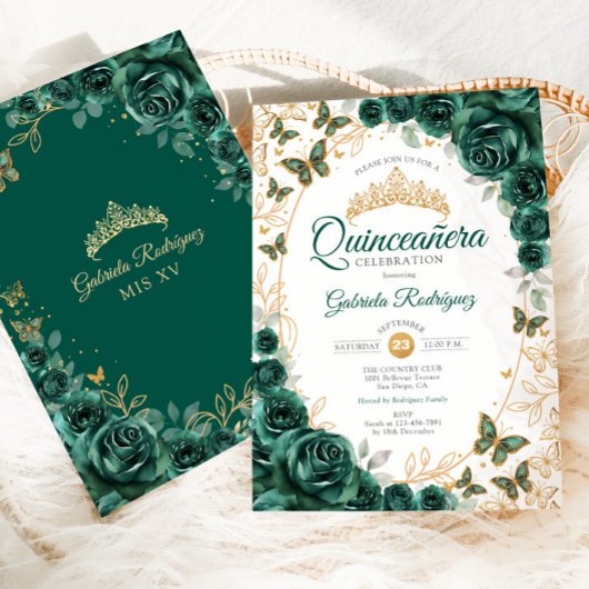 Invitation Emerald Green Gold Floral Quinceanera
