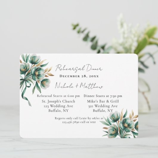 Invitation Emerald Green & Gold Floral Rehearsal Dinner (Debout devant)