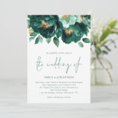 Invitation Emerald Green Gold Flowers Photo QR Code Mariage (Debout devant)