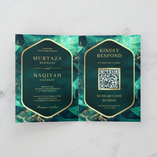 Invitation Emerald Green Gold Gemstone QR Code Mariage musulm (Intérieur)