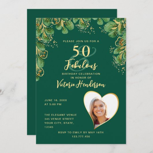Invitation Emerald Green & Gold Greenery 50 & Fab Anniversair (Devant / Derrière)