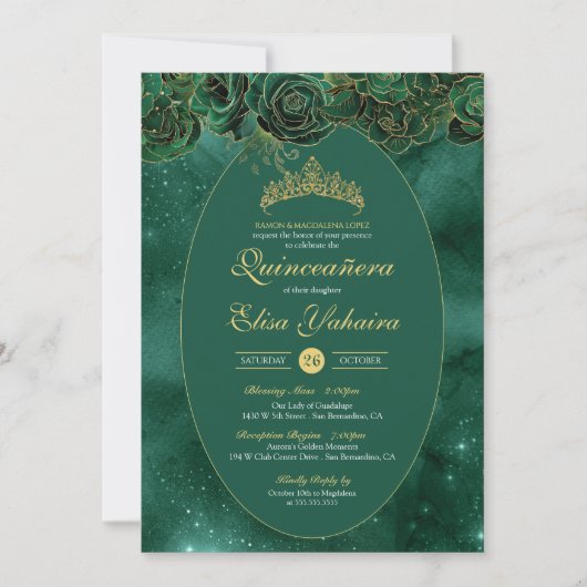 Invitation Emerald Green Gold Luxury Elegant Quinceanera (Devant)