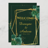 Invitation Emerald Green & Gold Mariage floral géométrique (Devant / Derrière)