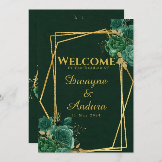 Invitation Emerald Green & Gold Mariage floral géométrique (Devant / Derrière)
