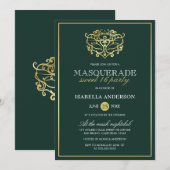Invitation Emerald Green & Gold Masquerade Sweet 16 Party (Devant / Derrière)