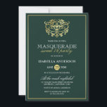 Invitation Emerald Green & Gold Masquerade Sweet 16 Party<br><div class="desc">Emerald Green & Gold Masquerade Sweet 16 Invitations de fête. Doté d'un faux masque en feuille d'or au sommet contre un arrière - plan vert émeraude. Parfait pour une fête de 16 ans moderne et classe !</div>
