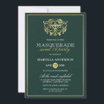Invitation Emerald Green & Gold Masquerade Sweet 16 Party<br><div class="desc">Emerald Green & Gold Masquerade Sweet 16 Invitations de fête. Doté d'un faux masque en feuille d'or au sommet contre un arrière - plan vert émeraude. Parfait pour une fête de 16 ans moderne et classe !</div>