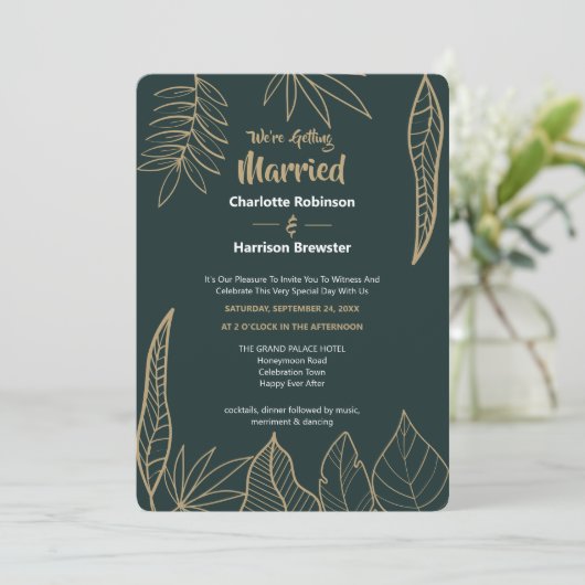 Invitation Emerald Green Gold Modern Drake Feuille Mariage (Debout devant)