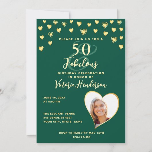 Invitation Emerald Green & Gold Photo 50th Birthday (Devant)