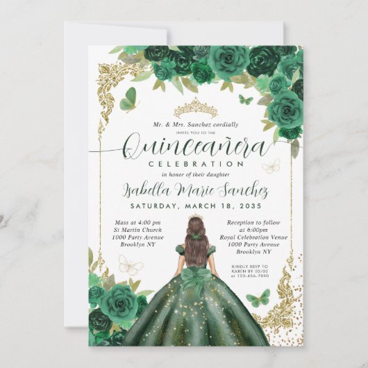 Invitation Emerald Green Gold Princess Floral Quinceañera (Devant)