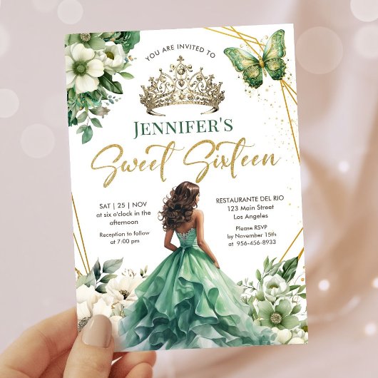 Invitation Emerald Green Gold Princess Tiara Floral Sweet 16