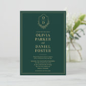 Invitation Emerald Green Gold QR Code Crest Photo Mariage (Debout devant)