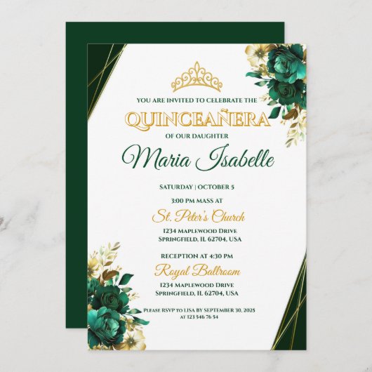 Invitation Emerald Green & Gold Quinceañera (Devant / Derrière)