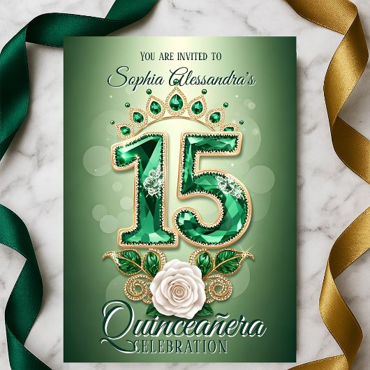 Invitation Emerald Green & Gold Regal Tiara Rose Quinceañera