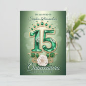 Invitation Emerald Green & Gold Regal Tiara Rose Quinceañera (Debout devant)