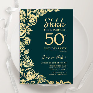 Invitation Emerald Green Gold Roses Surprise 50e anniversaire