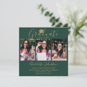 Invitation Emerald Green Gold Script 4 Photo Graduation Party (Debout devant)