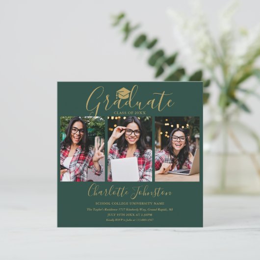 Invitation Emerald Green Gold Script 4 Photo Graduation Party (Debout devant)