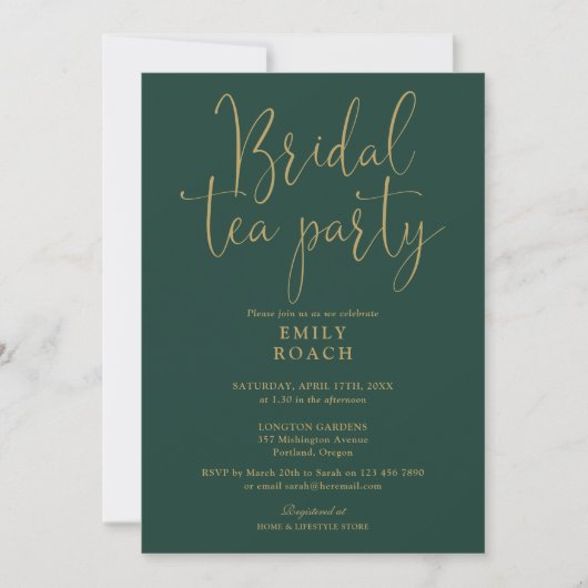 Invitation Emerald Green Gold Script Bridal Tea Party Douche (Devant)