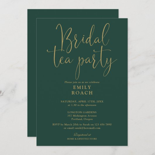 Invitation Emerald Green Gold Script Bridal Tea Party Douche (Devant / Derrière)