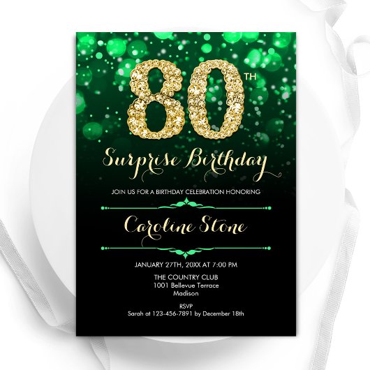 Invitation Emerald Green Gold Surprise 80e anniversaire
