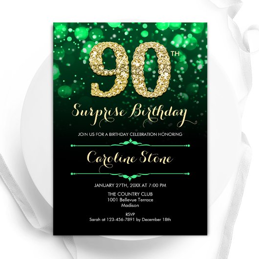 Invitation Emerald Green Gold Surprise 90e anniversaire