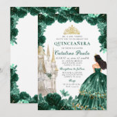 Invitation Emerald Green Gold Tiara Princess Quinceañera (Devant / Derrière)
