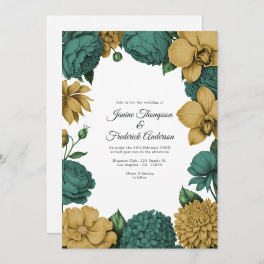 Invitation Emerald Green & Gold Watercolor Floral Wedding (Devant / Derrière)