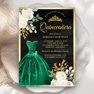 Invitation Emerald Green Gown Floral Black Gold Quinceanera