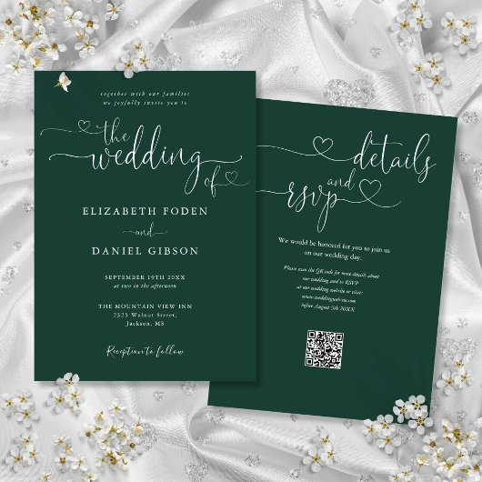 Invitation Emerald Green Heart Script QR Code Mariage