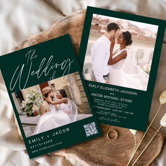 Invitation Emerald Green Le Mariage de Two Photo QR code