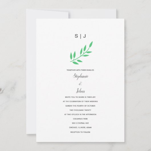Invitation Emerald Green Leaf Grey Monogramme Nom Boho Mariag (Devant)
